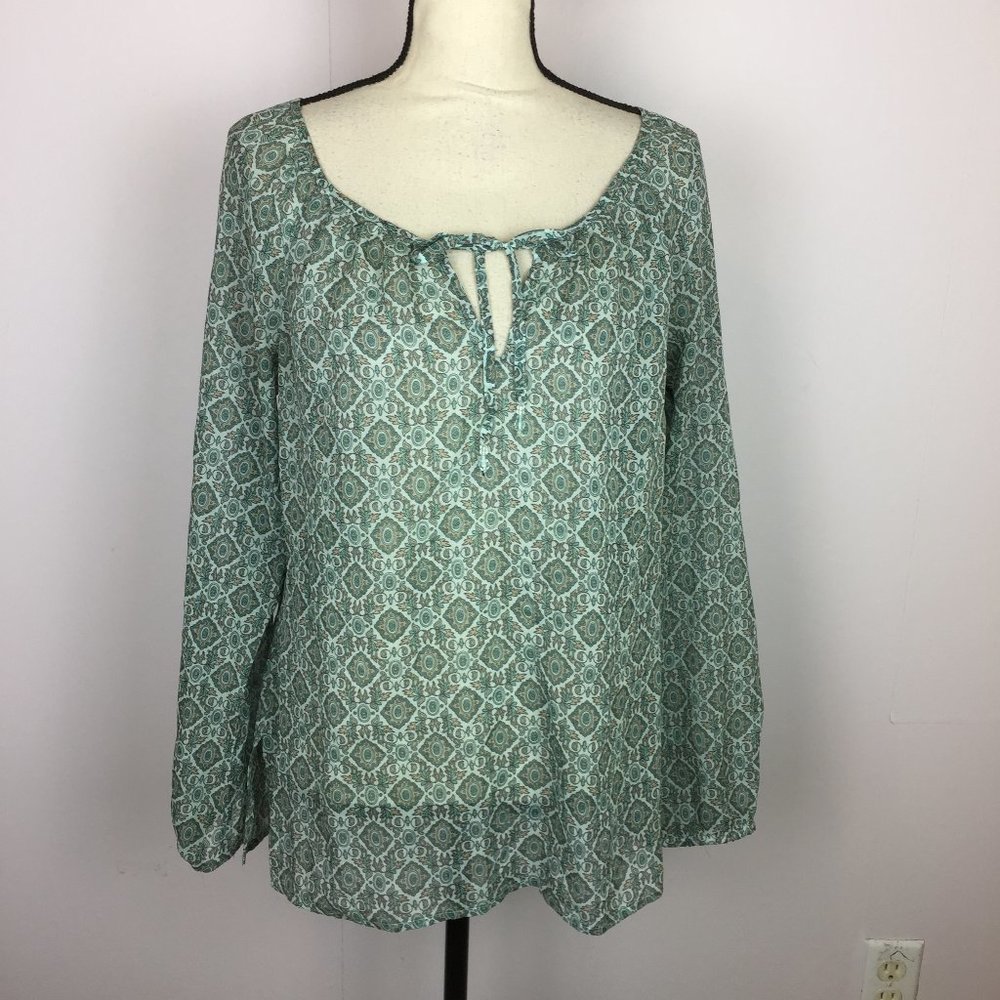 Ann Taylor Loft Peasant Blouse Top Size 10 Womans White Blue Sheer Long Sleeve